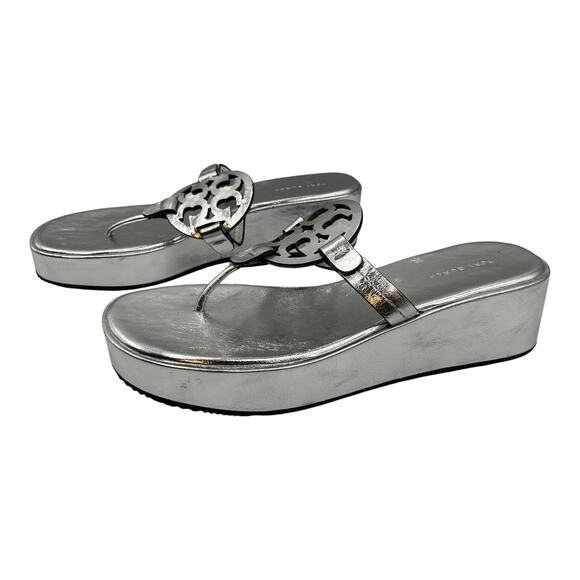 Tory Burch Miller Leather Wedge Platform Sandals Metallic Silver Size 7.5M - Picture 3 of 8